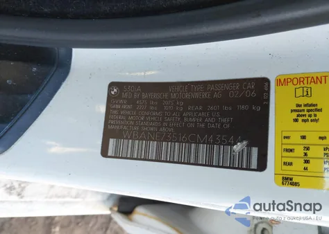 2006 BMW 530I z USA, uszkodzony, nr VIN WBANE73516CM43544